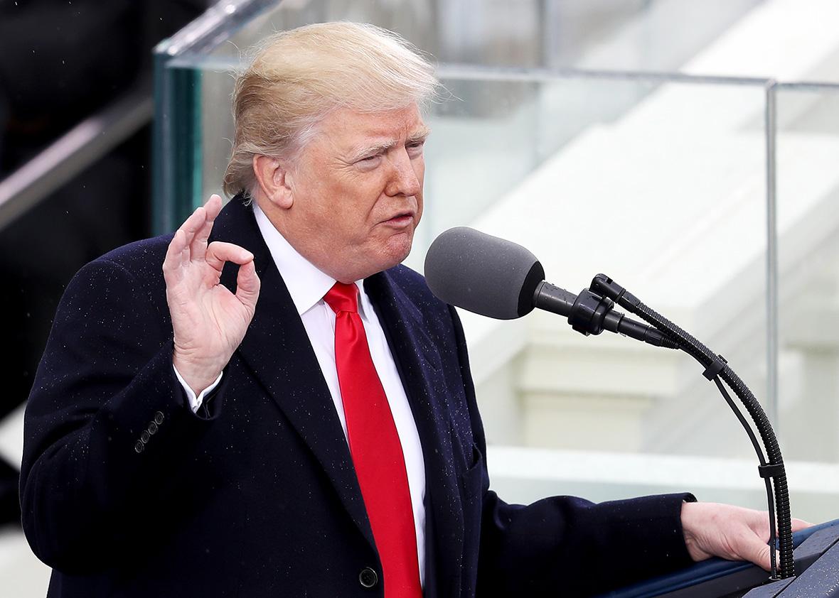 President Donald Trump delivers his inaugural address on the West Front of the U.S. Capitol on January 20, 2017 in Washington, DC.